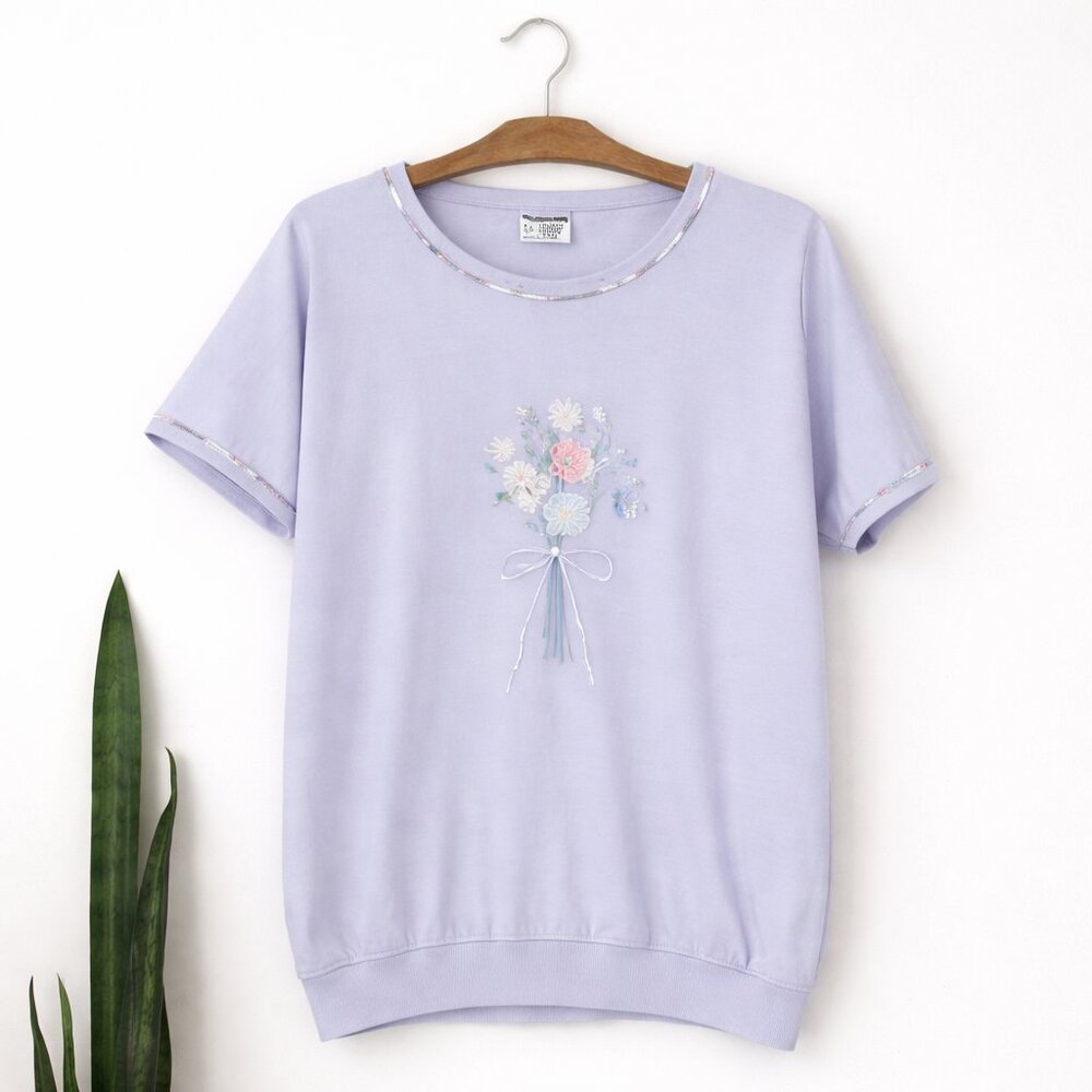VINTAGE | Periwinkle Blue Short Sleeve Shirt with Embroidered Roses - Me…